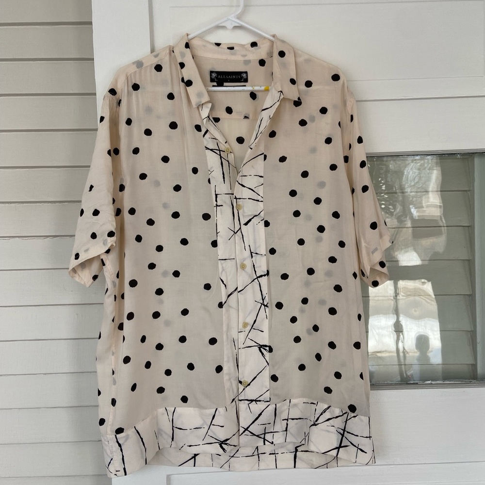 All Saints Cream Polka Dot Button-Down Shirt with Black Accents